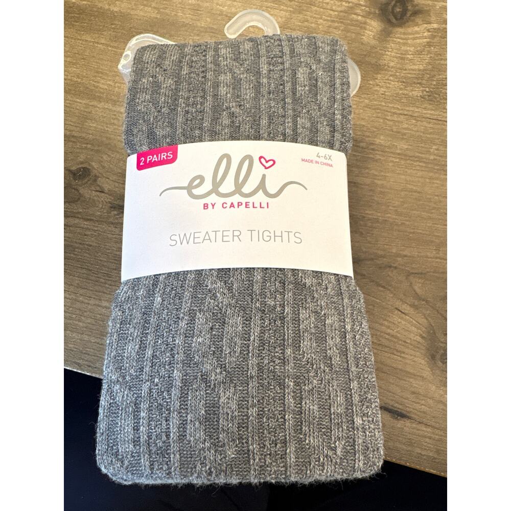 NEW Girls Elli by Capelli Sweater Tights 2 Pack Gray Black Cable Knit Size 4-6X